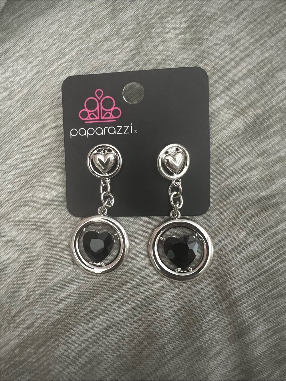 paparazzi Silver-Tone Drop Earrings with Black Heart Stones